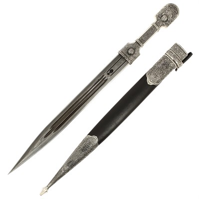 Кавказский кинжал Ирбис (дамасская сталь, ножны кожа, мельхиор) 18157