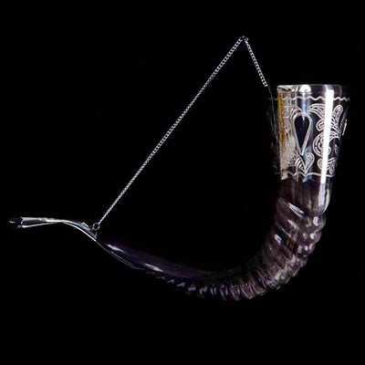 Элитный рог кавказского тура с пиалой (отделка - мельхиор, камни - медальоны) 2877 - фото 7784